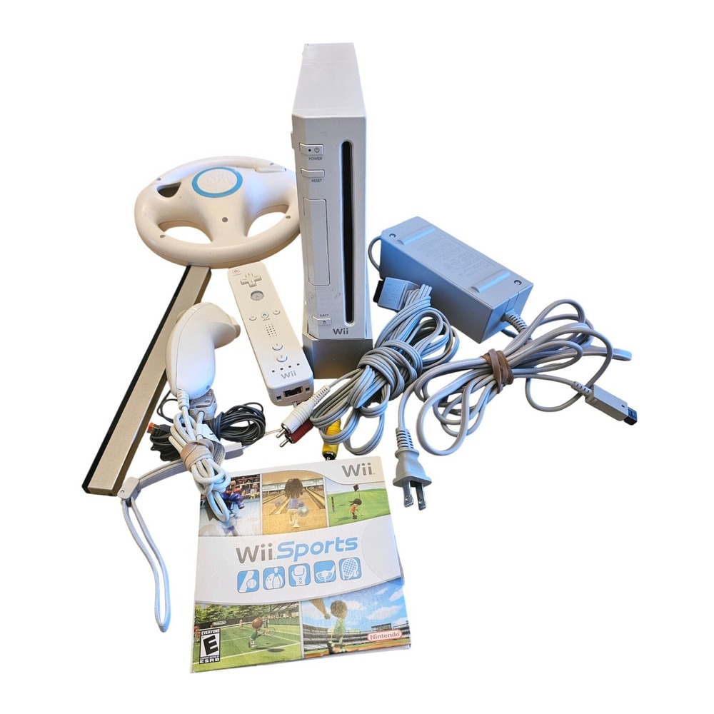 Nintendo Wii Console RVL-001 White Bundle Wii Sports Remote Nunchuk Wheel Stand